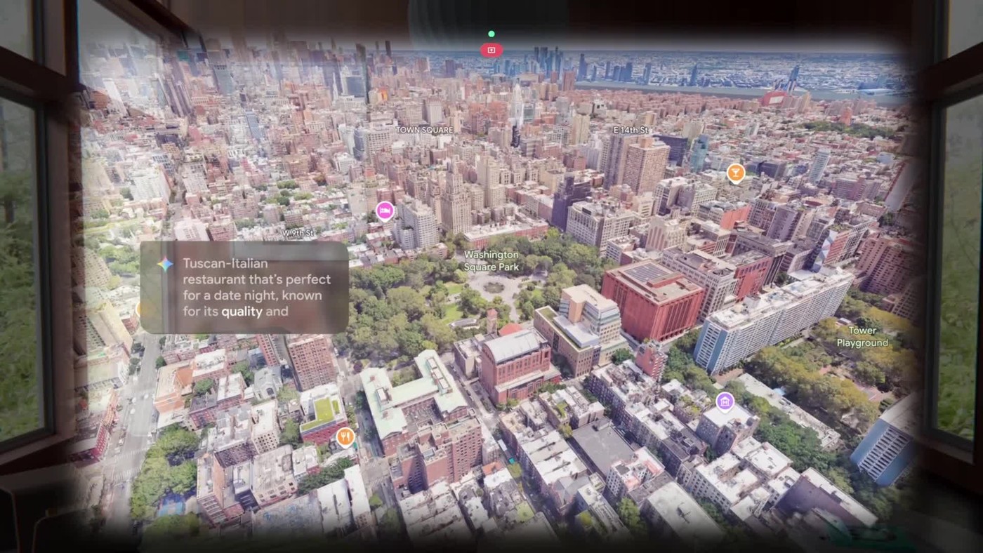 Gemini answers questions about what is in view, here a city scene in Google Maps.
