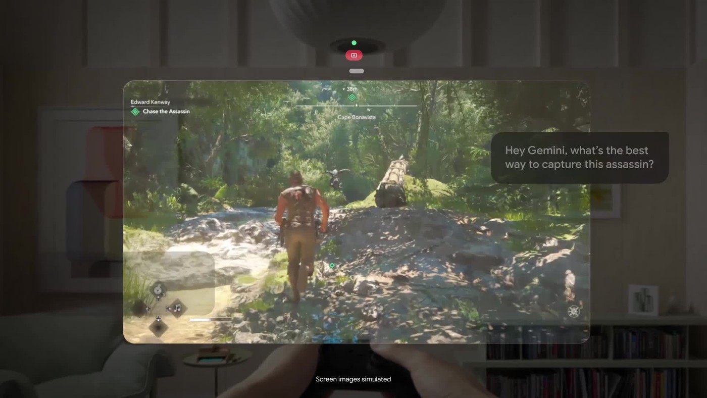 Games play on a large virtual screen, with Gemini on hand for tips.