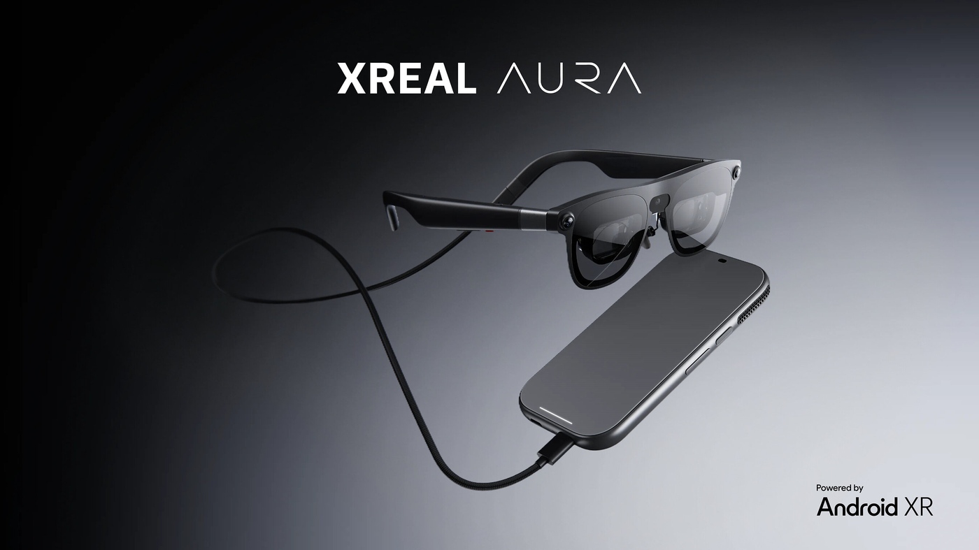 The Xreal Aura glasses and their tethered compute puck, which runs Android XR