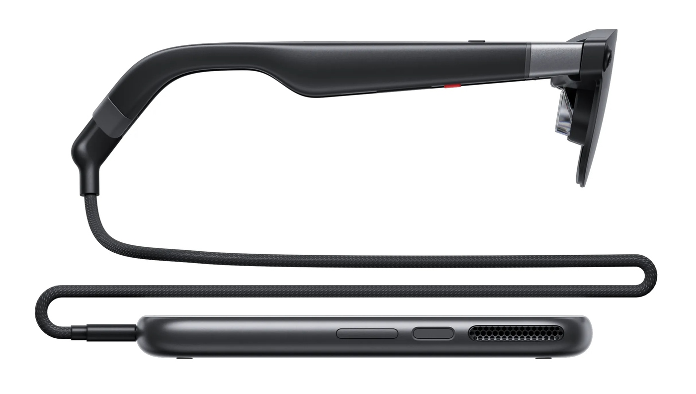 Aura splits the hardware in two: lightweight glasses up top and a compute puck on a cable