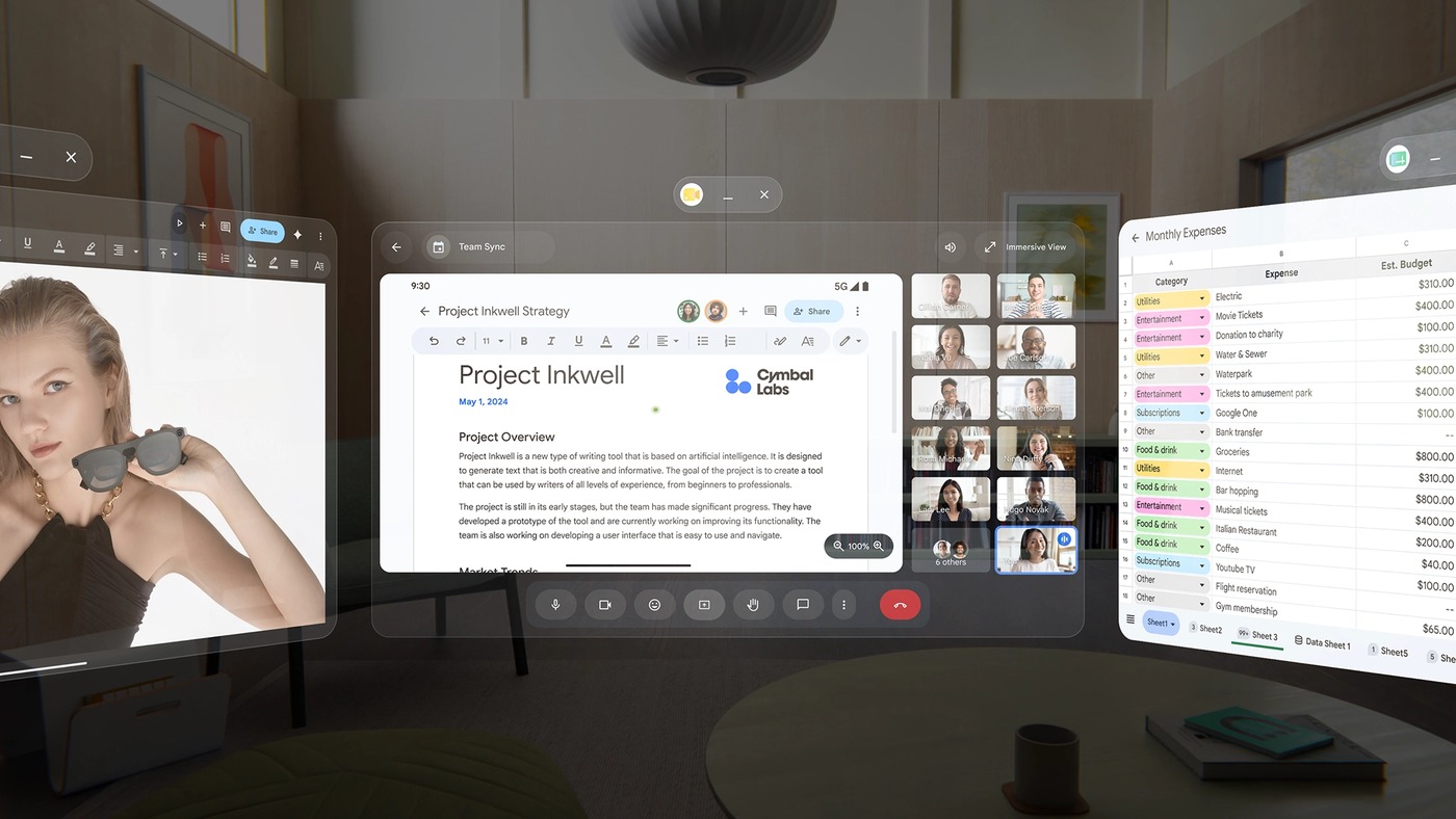 Android XR places apps such as video calls and documents in floating windows around the wearer